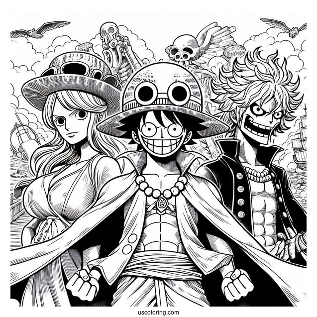 One Piece Coloring Page Of Straw Hat Pirate With Jimbei, Franky, And Brook