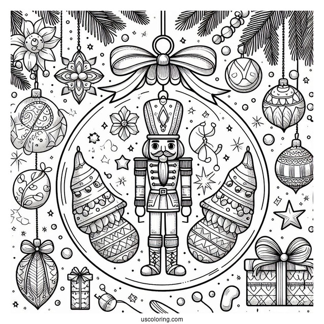 Christmas Ornaments Coloring Page Of Nutcracker And Christmas Tree Inside Bauble