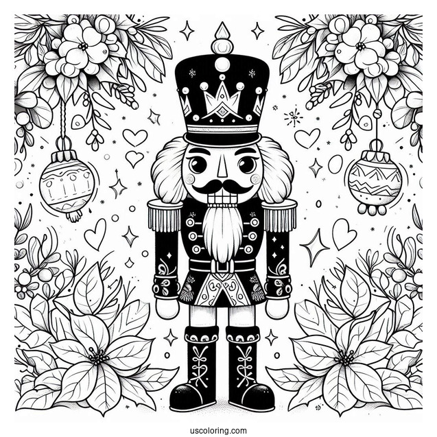 Nutcracker Coloring Page King With Mistletoes And Poinsettia