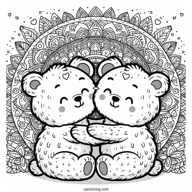 Two Cartoon Bear Coloring Page Hugging In Front Of Mandala