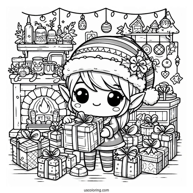 Festive Chibi Coloring Page Elf Wrapping Presents in a Christmas Workshop