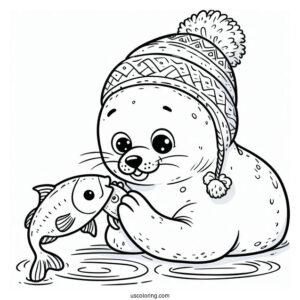 Cartoon Eskimo Feeding Fish To A Seal Coloring Page
