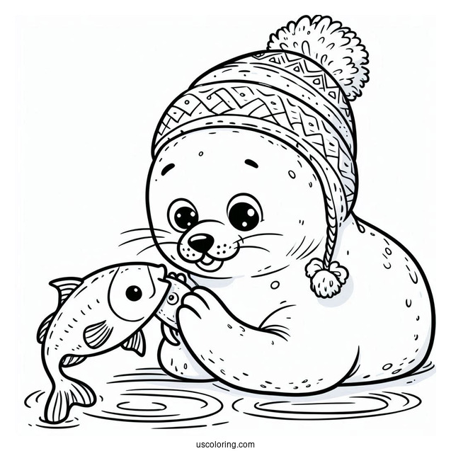 Cartoon Eskimo Feeding Fish To A Seal Coloring Page