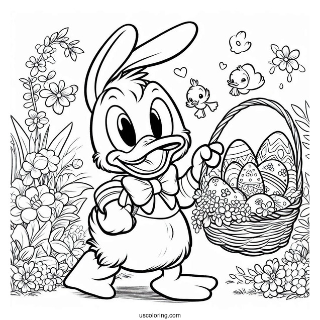 Easter Coloring Page Of Donald Duck As Easter Bunny Carrying Basket Of Eggs