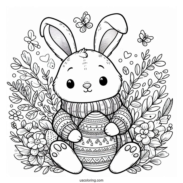 Pretty Bunny In Sweater Holding A Large Easter Coloring Page Of Egg