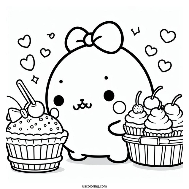 Kawaii Pompompurin Serving Cupcakes Coloring Page