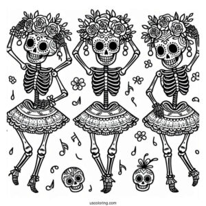 Skeleton Coloring Page Of Sugar Skull With Flower Crown Dancing