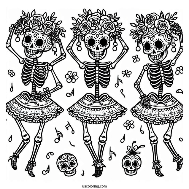Skeleton Coloring Page Of Sugar Skull With Flower Crown Dancing