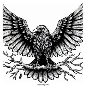 Scary Raven Coloring Page Spreading Its Wings