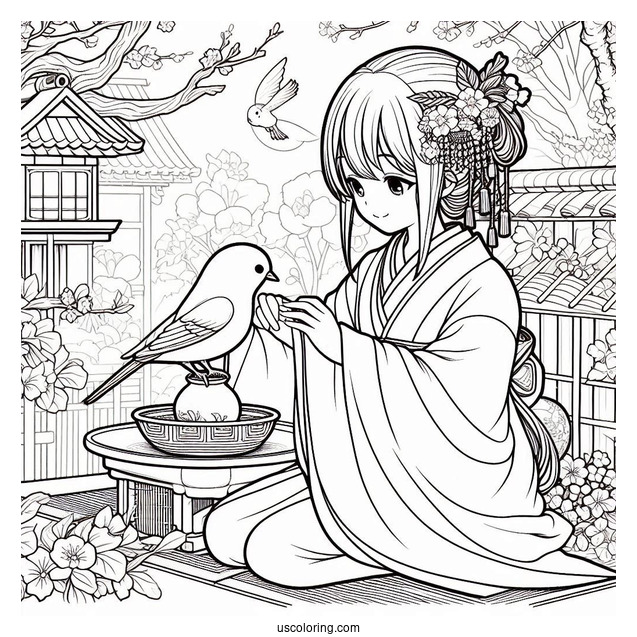 Nezuko Coloring Page Caring For Bird In Japanese Garden