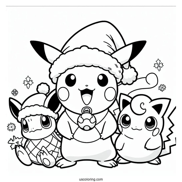 Pokemon Christmas Coloring Page Pikachu, Jigglypuff, Charmander, And Bulbasaur Wearing Santa Hat