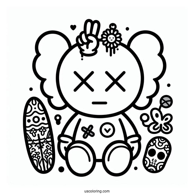 Dissected KAWS Coloring Page Companion With Hippie Elements