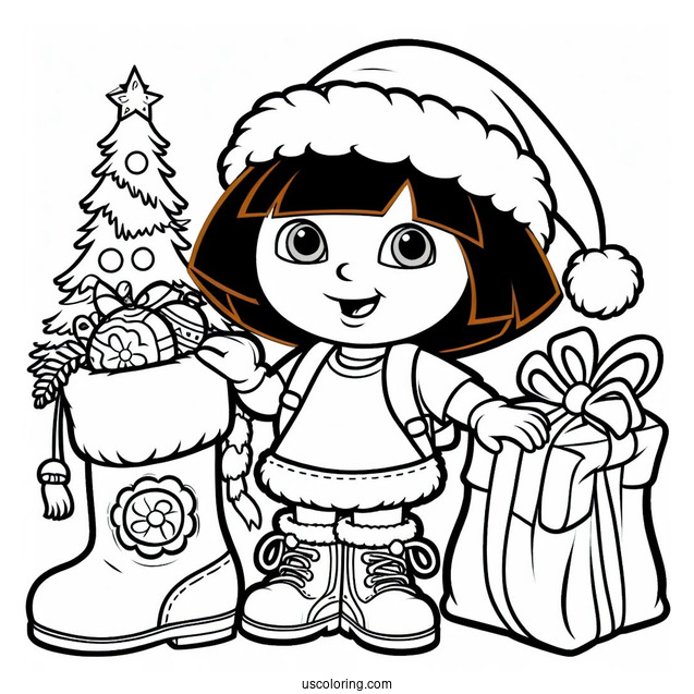 Dora With Boots And Santa Coloring Sheet