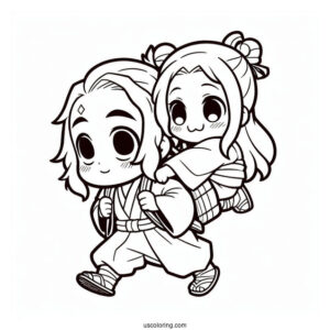 Chibi Tanjiro Coloring Page Carrying Nezuko On His Back For Preschoolers