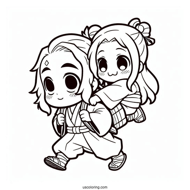 Chibi Tanjiro Coloring Page Carrying Nezuko On His Back For Preschoolers