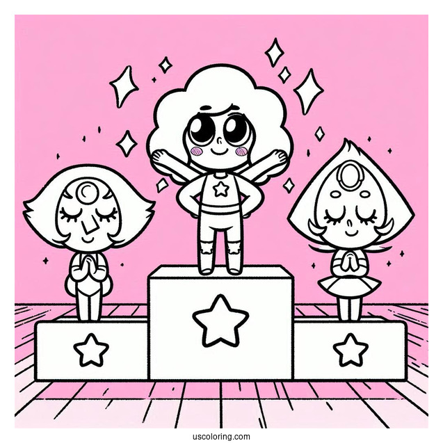 Cute Steven Universe Coloring Page On Podium With Garnet, Pearl, And Amethyst For Kids
