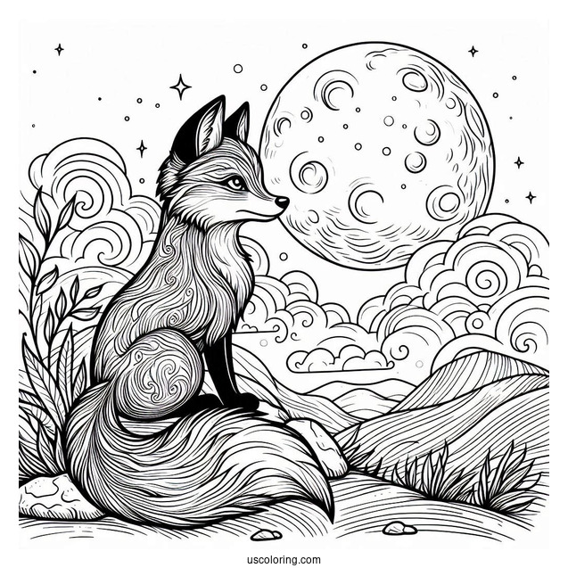 Fox Coloring Page Looking At Full Moon