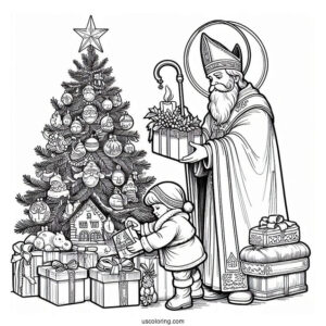 Saint Nicholas Putting Gifts Under Christmas Tree