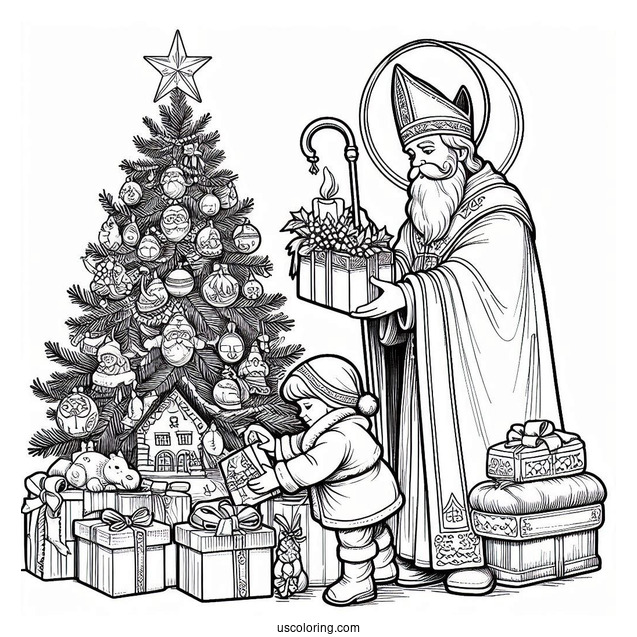 Saint Nicholas Putting Gifts Under Christmas Tree