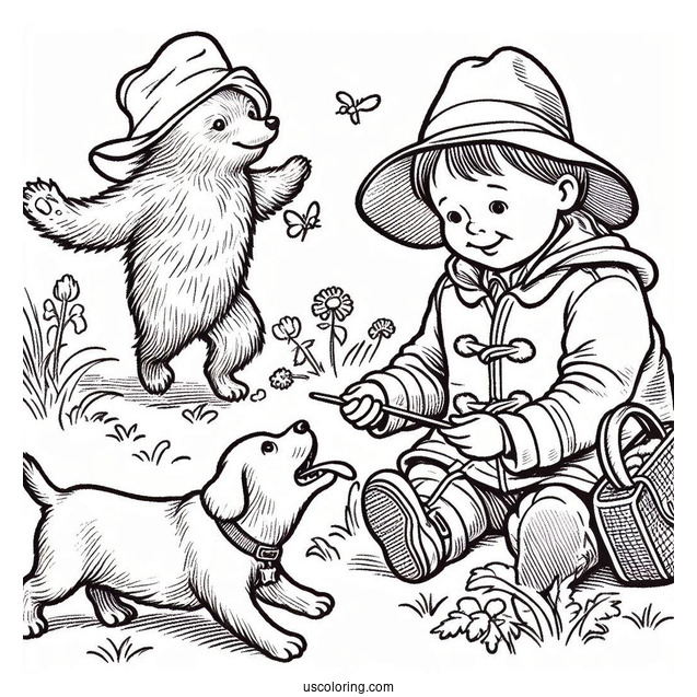 Paddington Coloring Page Playing With A Dog For Kids