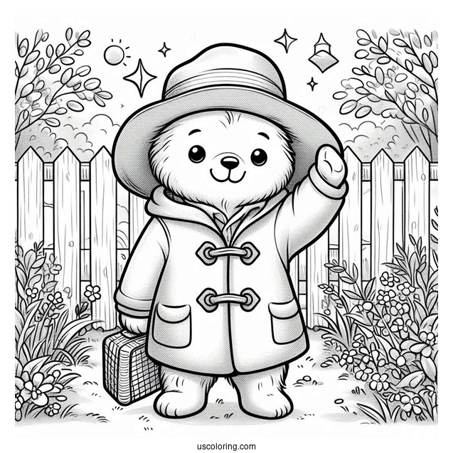Kawaii Paddington Coloring Page Waving From A Backyard For Kids
