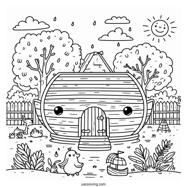 Cute Cartoon Noah's Ark Coloring Page For Kids
