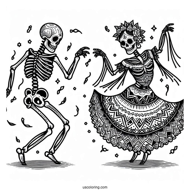 Detailed Adult Skeleton Coloring Page Dancing