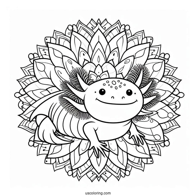 Axolotl Coloring Page At The Center Of A Flower Mandala