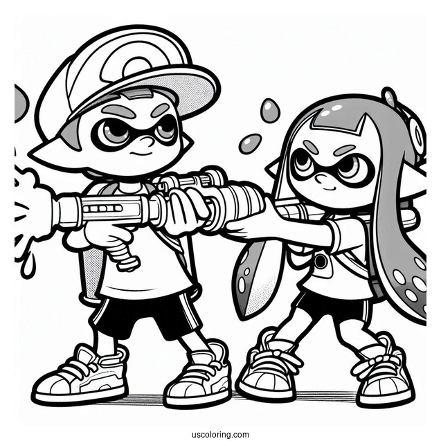 Splatoon Coloring Page Of Blue Inkling Boy Shooting Orange Inkling Girl