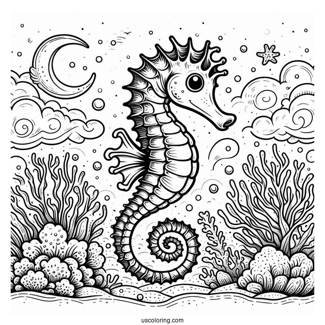 Cartoon Seahorse Surrounded By Coral