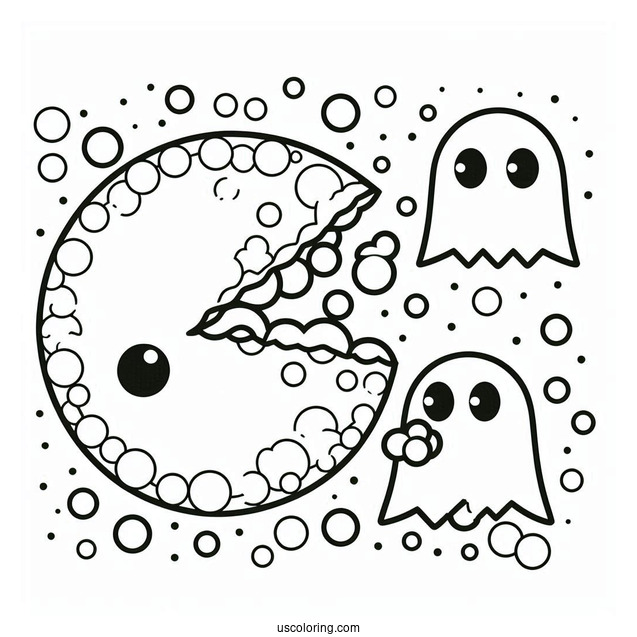 Simple Ghosts And Pac-Man Coloring Page Eating Dots