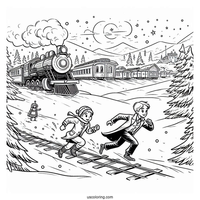 Polar Express Coloring Page Of Lonely Boy And Hero Girl Chasing Hero Boy In The Snow