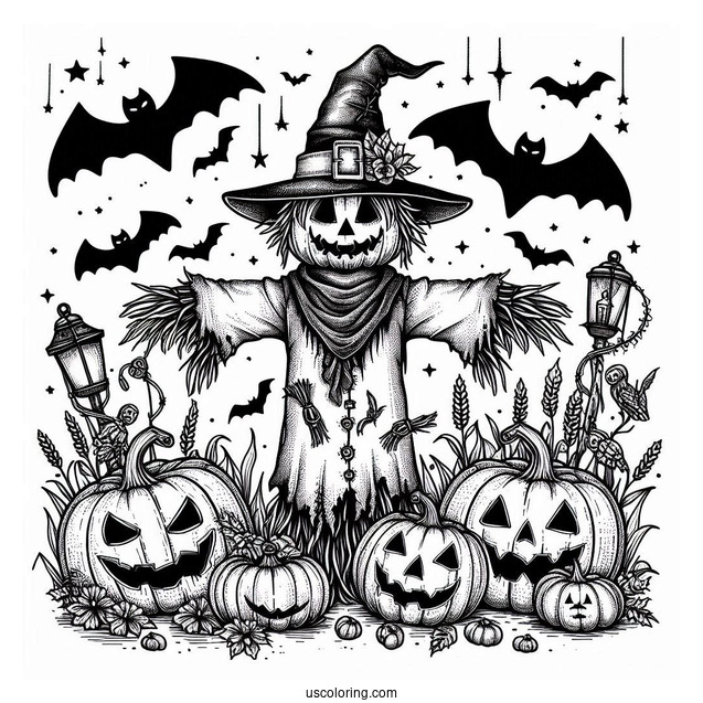 Scary Scarecrow Coloring Page Surrounded By Jack O Lanterns And Bats