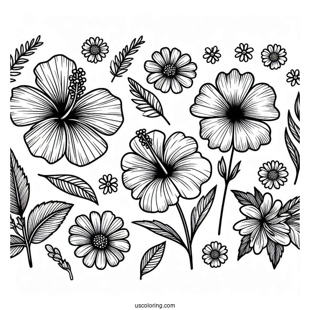Flower Coloring Pages Of Hibiscus And Daisies With Wildflowers