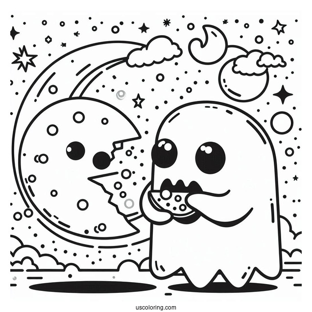 Simple Ghosts And Pac-Man Coloring Page Eating Dots
