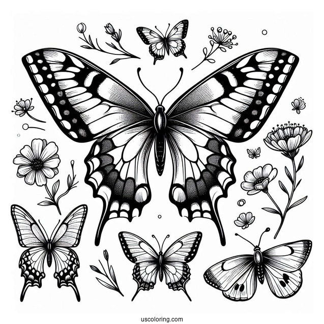 Swallowtail Butterfly With Other Butterflies To Color