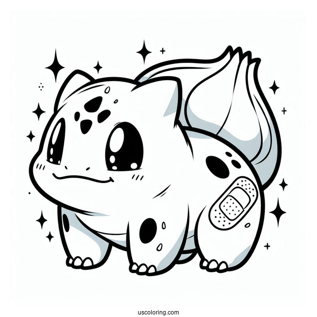 Bulbasaur Cploring Page With Band Aid For Kids
