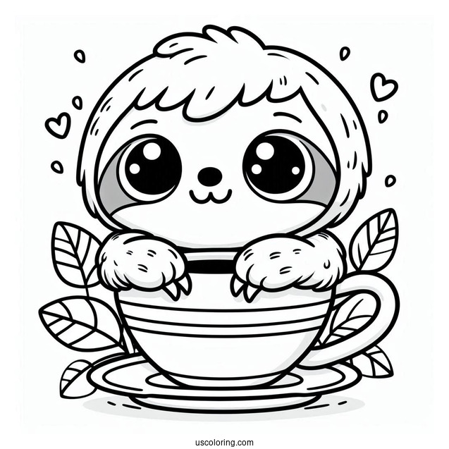 Kawaii Sloth Sitting In Teacup Coloring For Preschoolers