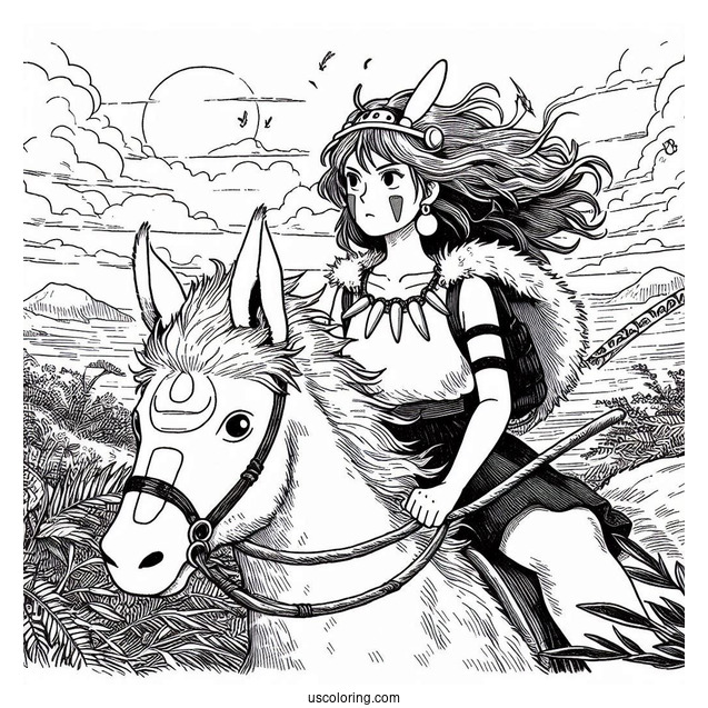 Studio Ghibli Coloring Page of Princess Mononoke San Riding Moro
