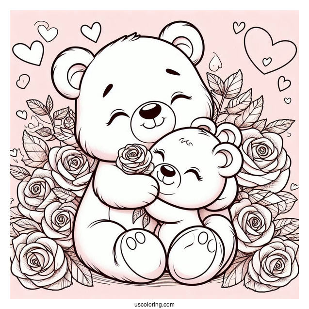 Smiling Critters Coloring Page BearHug With Rose Background
