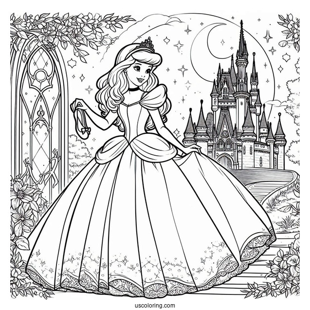 Princess Coloring Page Of Cinderella Outside Of Castle Holding Glass Slipper