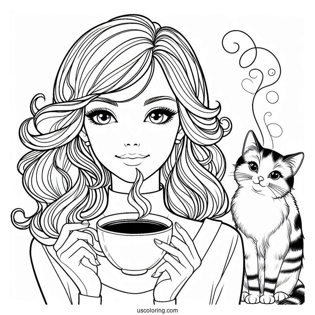 Woman Holding Cup Of Coffee Coloring Pages And Cat