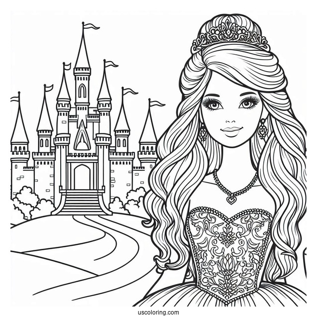 Princess Barbie In Front Of Castle To Color