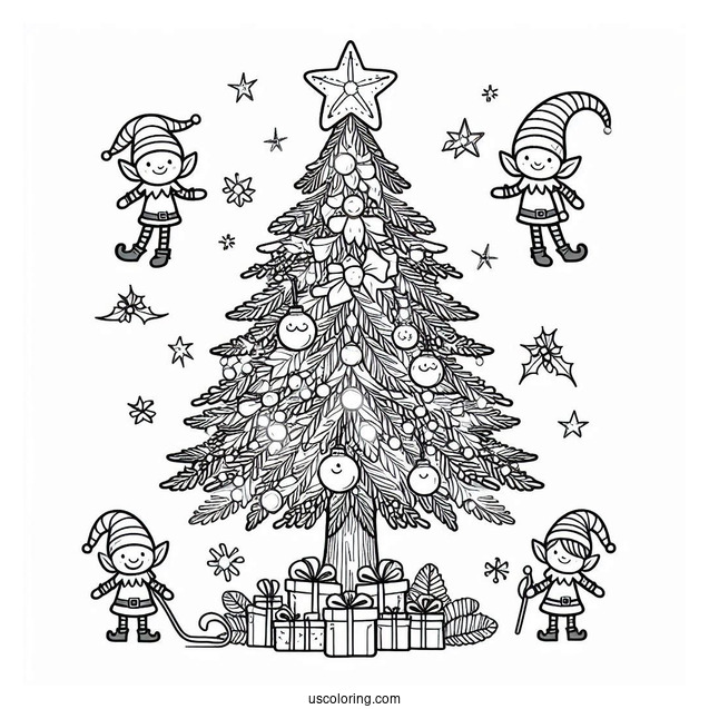 Christmas Tree With Elves Coloring Page