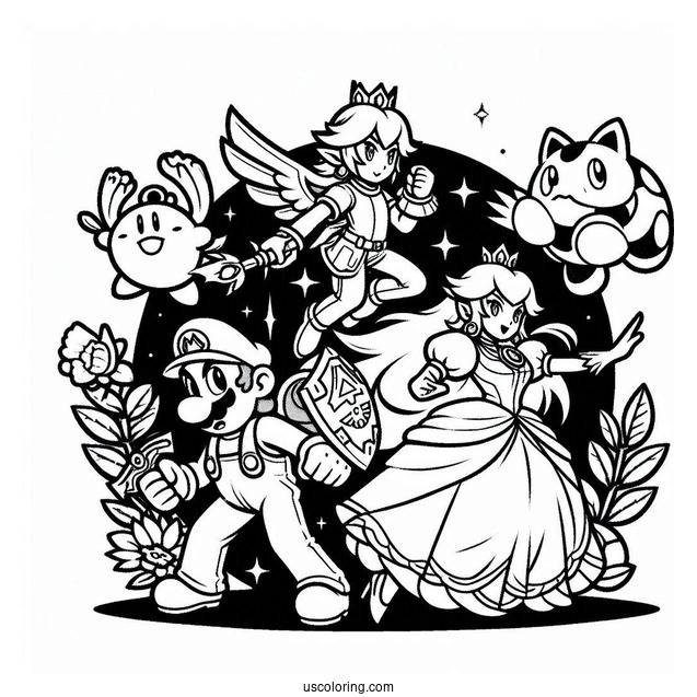 Mario, Zelda, Princess Peach, And Pokemon Super Smash Bros Coloring Page