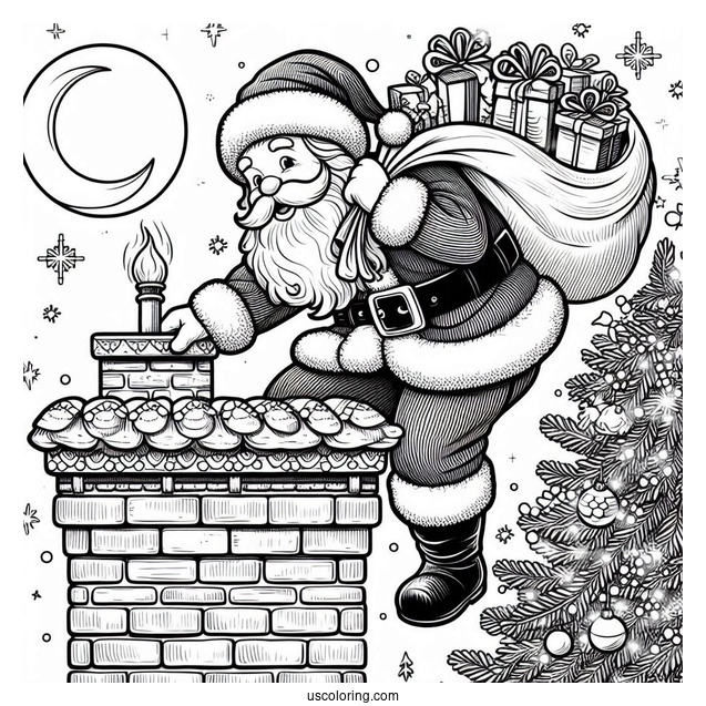 Santa Claus Climbing Into Chimney With Sack Of Presents