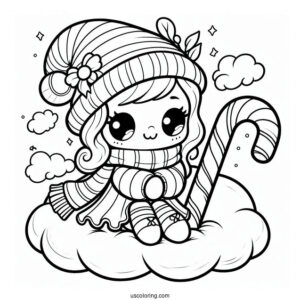 Adorable Candy Cane Coloring Page Sitting On A Cloud