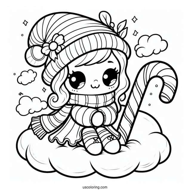 Adorable Candy Cane Coloring Page Sitting On A Cloud