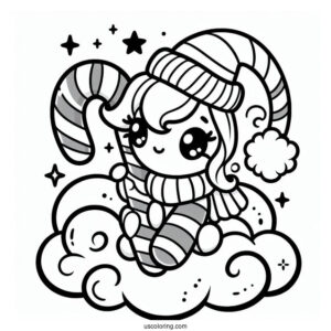 Adorable Candy Cane Coloring Page Sitting On A Cloud