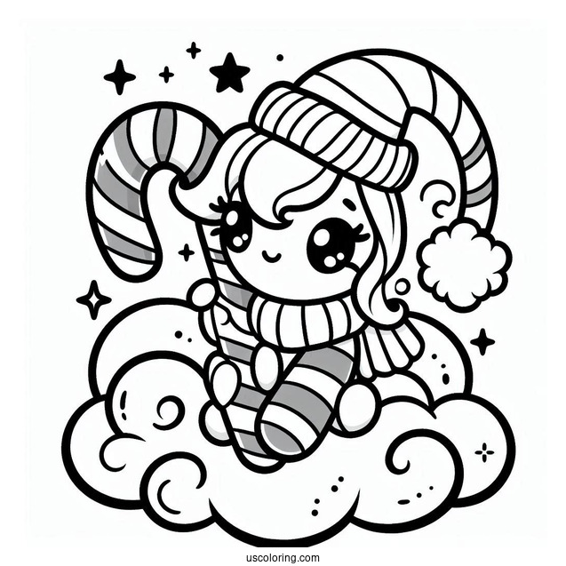 Adorable Candy Cane Coloring Page Sitting On A Cloud